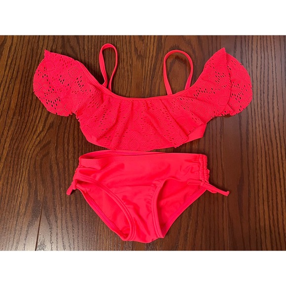 Lot Girls Swim Suits Xhilaration Neon Pink Two Piece SZ XS Stripe H&M - Picture 1 of 10
